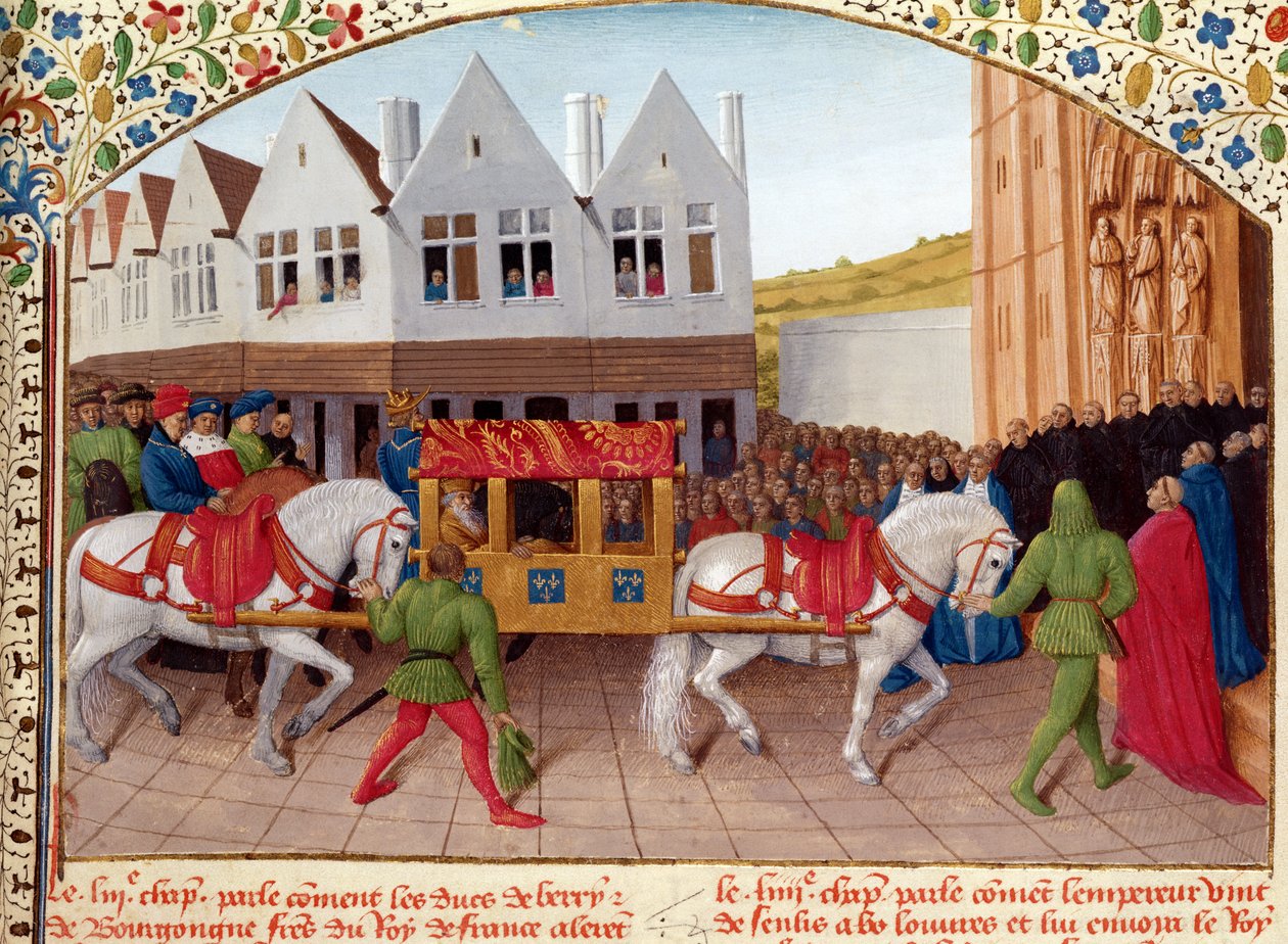 Ms Fr 6465 fol.442 Przybycie cesarza Karola IV (1316-78) do bazyliki St. Denis w 1378, z „Les Grandes Chroniques de France”, c.1460 autorstwa Jean Fouquet