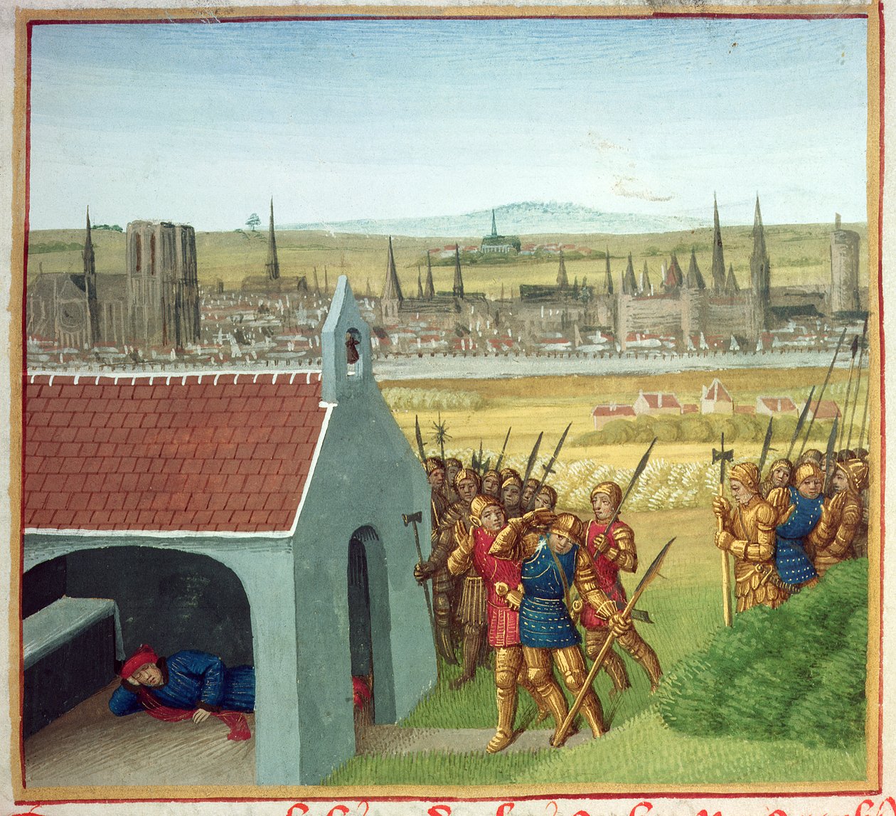 Pani Fr 6465 fol. 57 Król Clothar II (584-629) nie może sprowadzić swojego syna Dagoberta I (605-39) do Paryża, z „Les Grandes Chroniques de France”, c.1460 autorstwa Jean Fouquet
