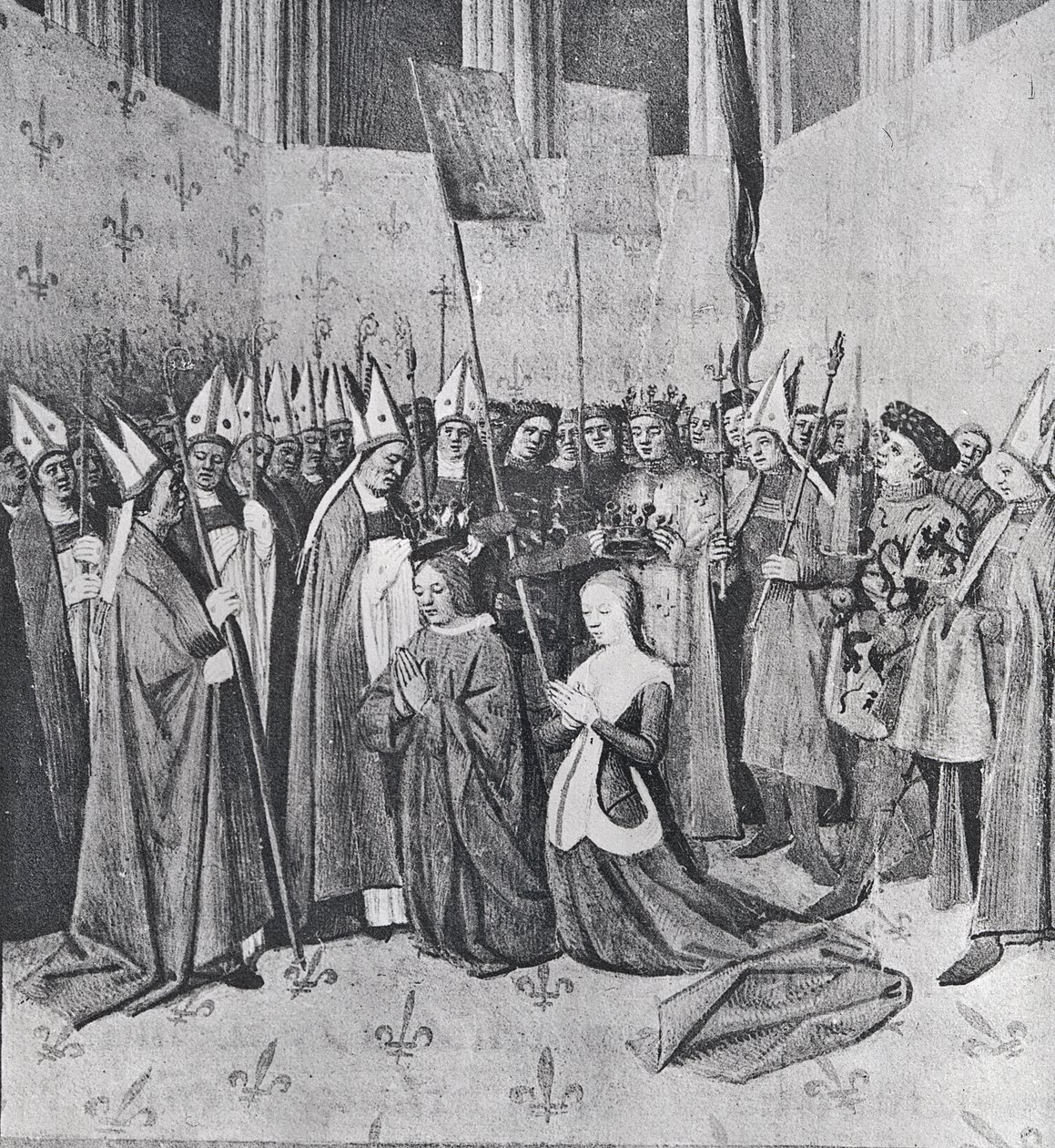 Pani ks. 6465 Koronacja Ludwika VIII (1187-1226) i Blanche de Castille (1188-1252), z „Les Grandes Chroniques de France”, c.1460 autorstwa Jean Fouquet