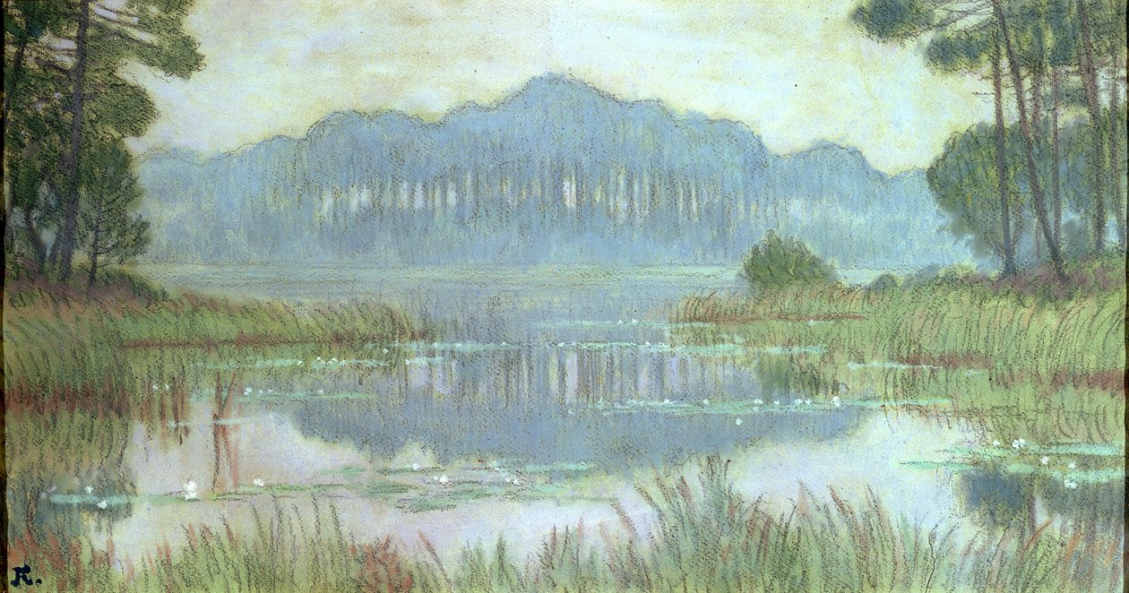 Pejzaż z zarośniętym stawem, ok. 1900 (ołówek i wc na papierze) autorstwa Jean Francis Auburtin