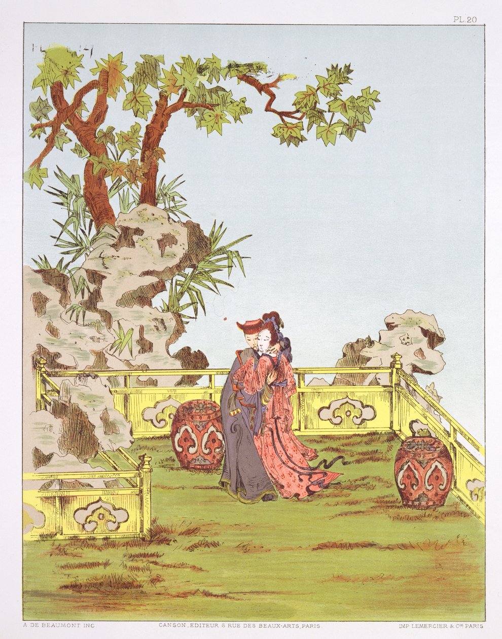 Para w chińskim ogrodzie, z książki „Ornaments of China”, wydanej pod koniec XVIII wieku - początek XIX wieku autorstwa Jean Francois Albanis de Beaumont
