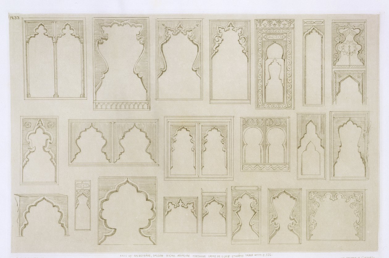 Islamskie i mauretańskie wzory łuków dla balkonów, okien itd., z "Art and Industry", opublikowane przez Delatre, Paryż, 1857 r. autorstwa Jean Francois Albanis de Beaumont