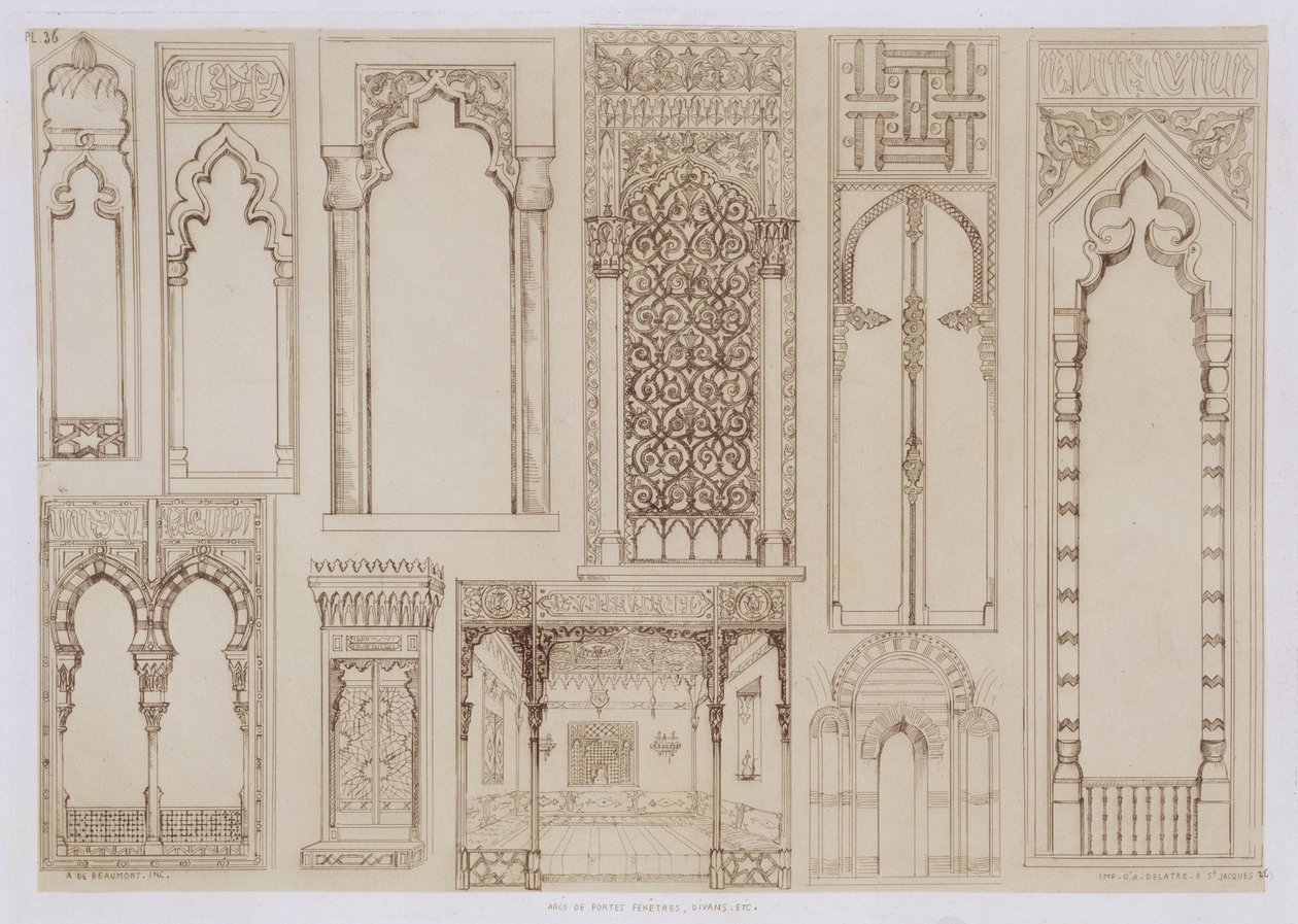 Islamski i mauretański projekt okiennic i sofy, z „Art and Industry”, opublikowany przez Delatre, Paryż, 1857 autorstwa Jean Francois Albanis de Beaumont
