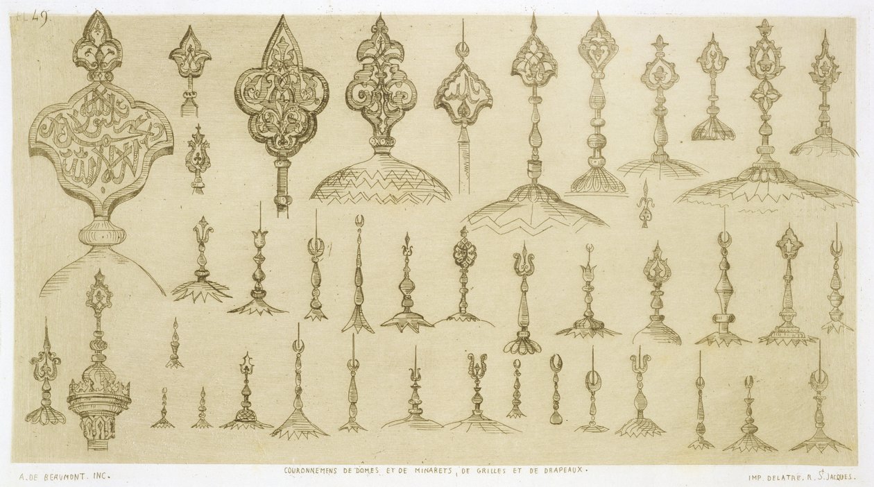 Ozdobne gałki w kształcie kopuł i minaretów, z „Sztuki i przemysłu”, wyd. Delatre, Paryż, 1857 autorstwa Jean Francois Albanis de Beaumont