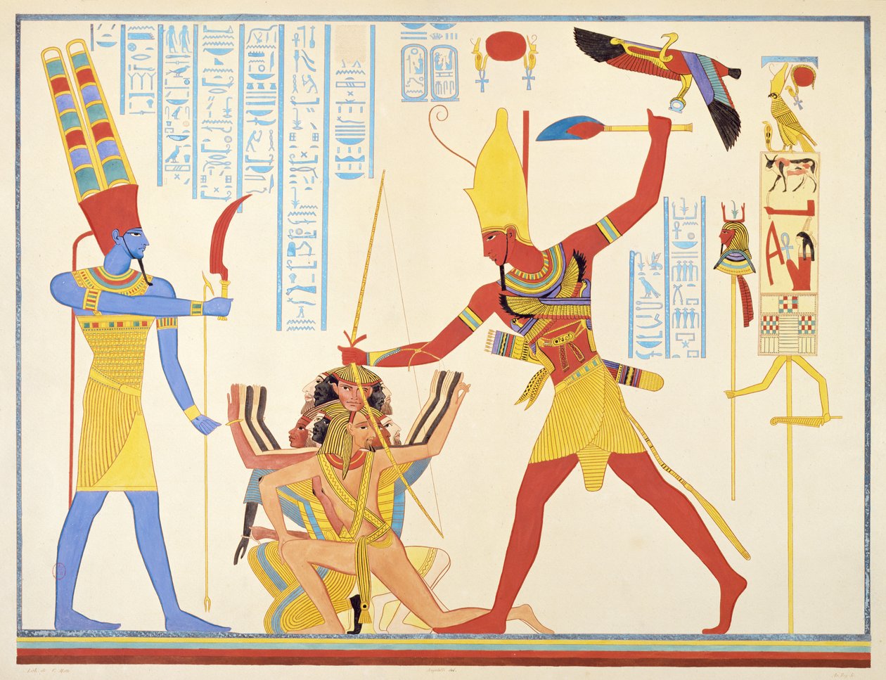 Bóg Amun oferuje broń sierp do faraona Ramzesa III, jak on uderza dwa schwytanych wrogów, 1835-45 autorstwa Jean Francois Champollion