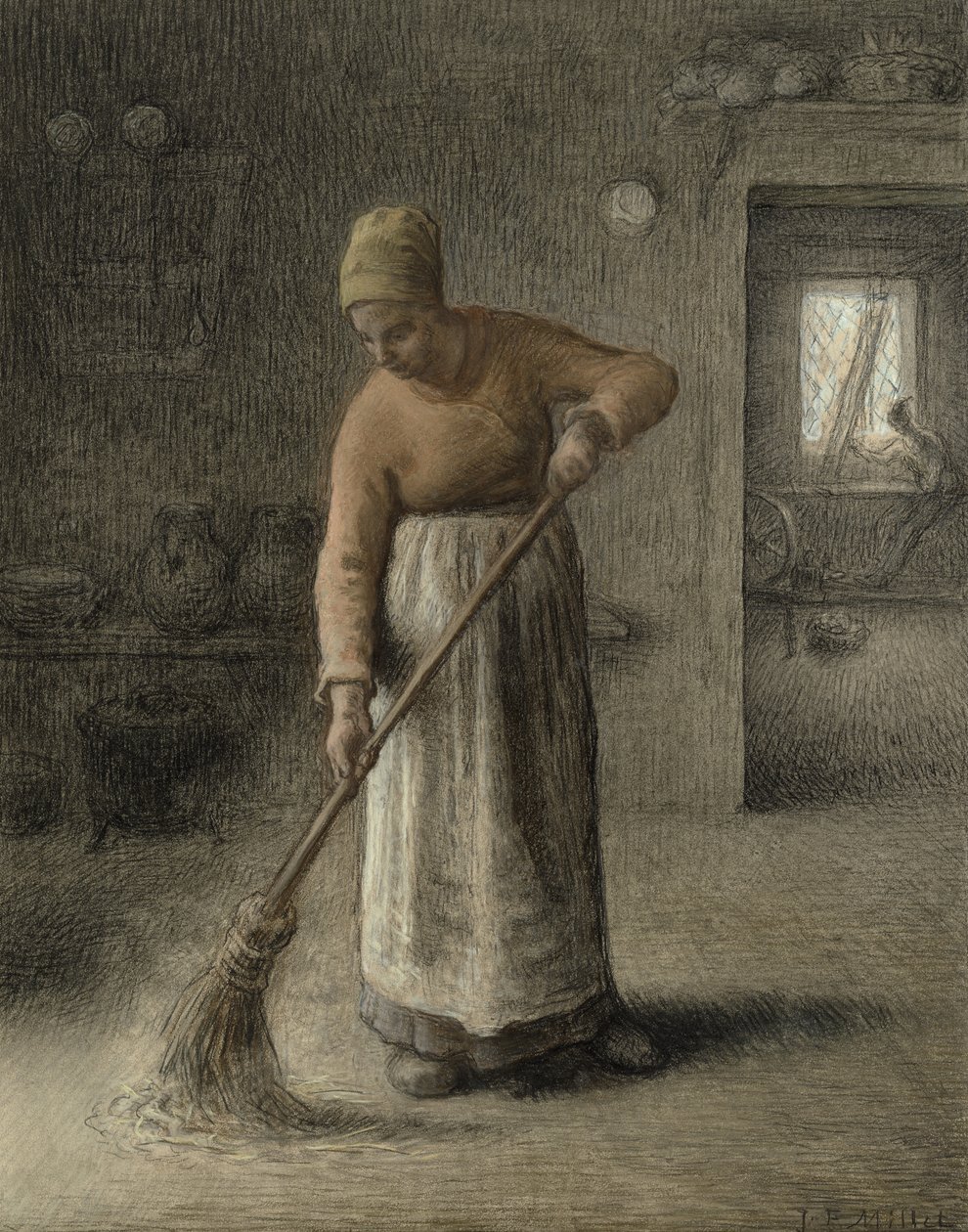 Zamiatająca żona farmera, 1867 (pastel na brązowym papierze) autorstwa Jean Francois Millet