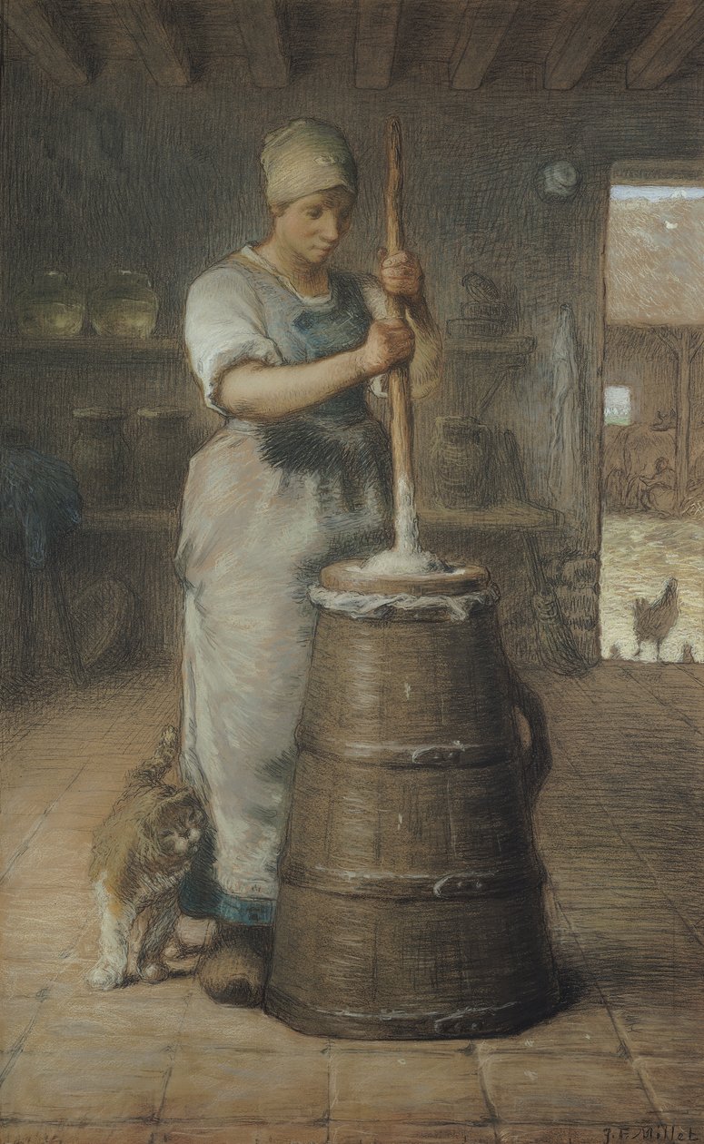 Masło ubijające, 1866-68 (ołówek i pastel na papierze) autorstwa Jean Francois Millet