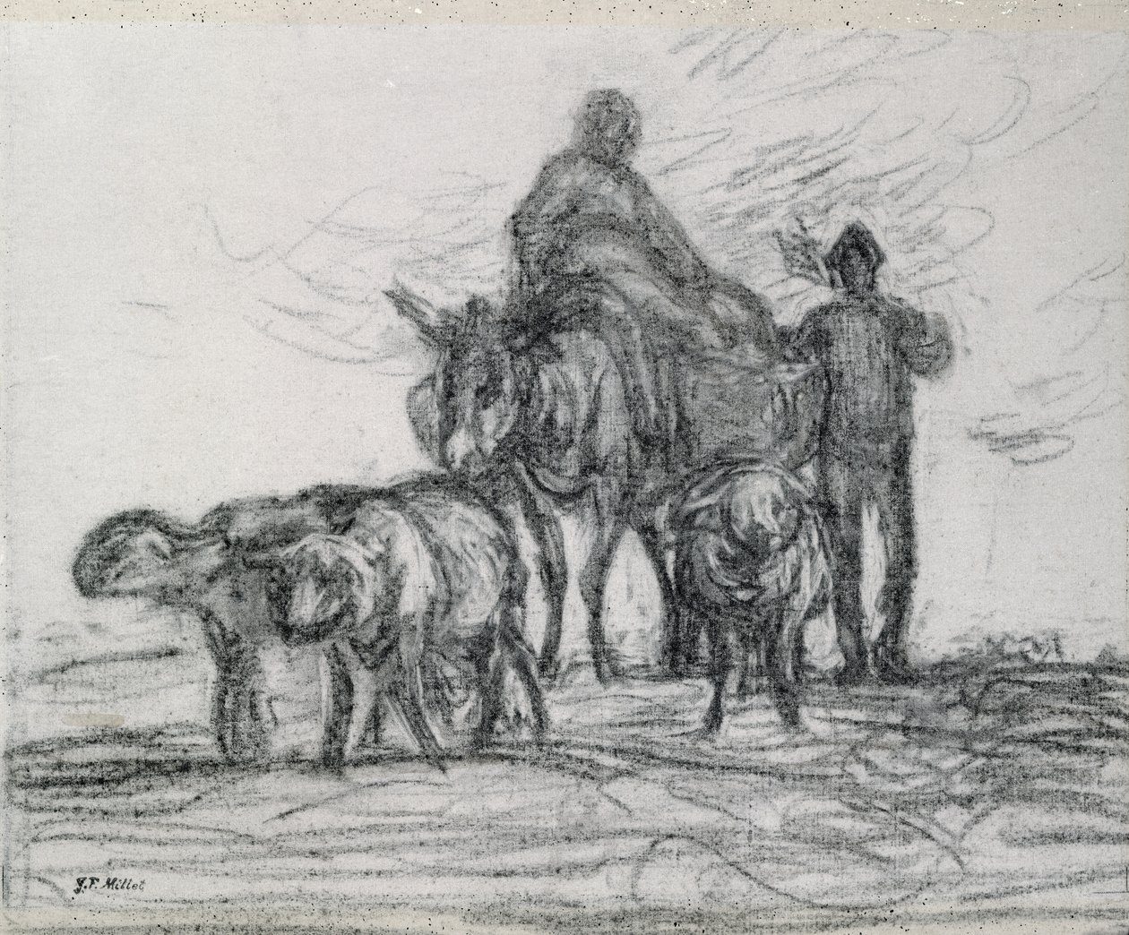 Powrót z pól, 1873 (węgiel) autorstwa Jean Francois Millet