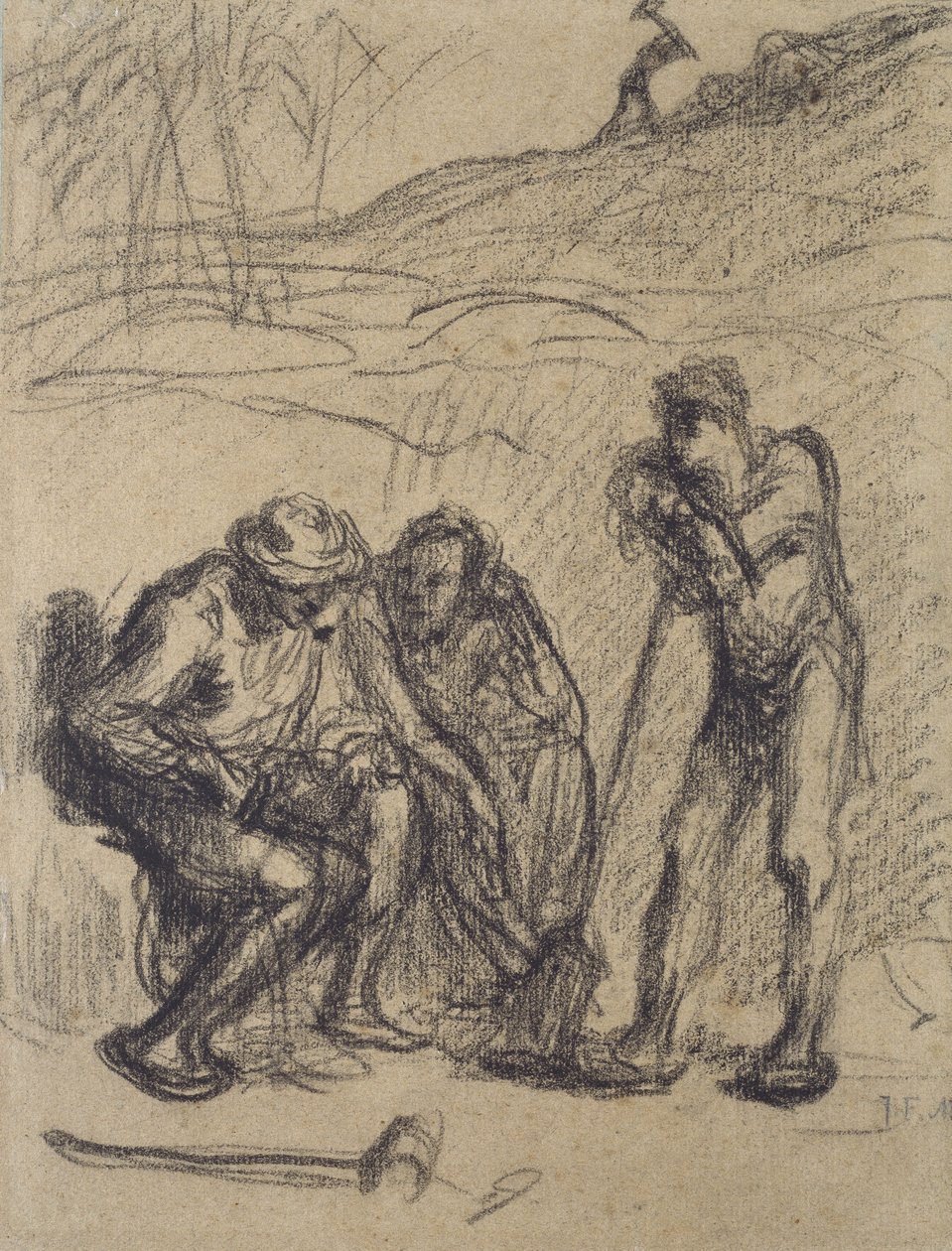 Trzech Chłopów odpoczywających, jeden oparty o łopatę (czarna kredka na papierze) autorstwa Jean Francois Millet