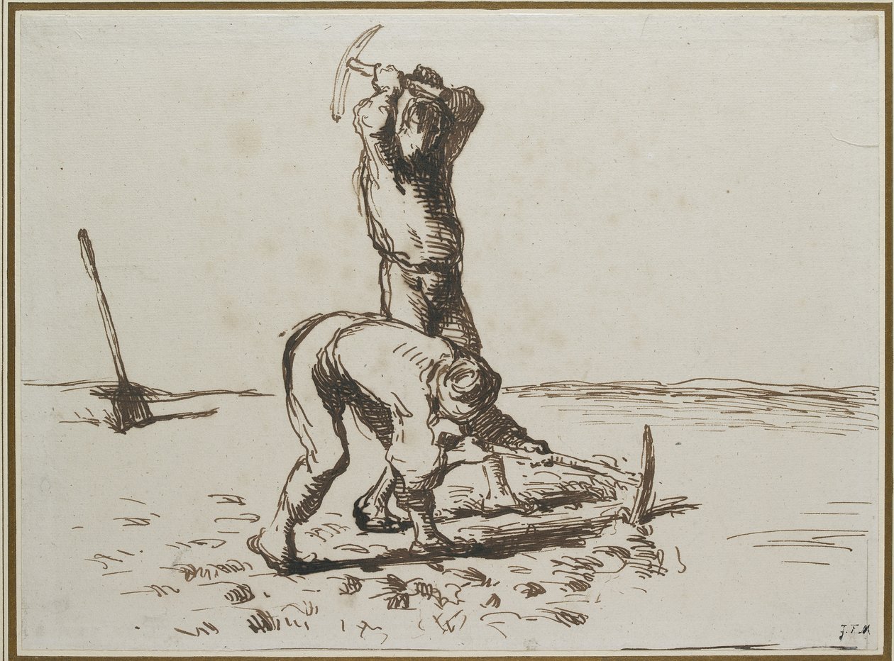 Dwóch chłopów kopiących kilofami, ok. godz. 1844 - 1846 (pióro i brązowy tusz na lekko odbarwionym białym papierze) autorstwa Jean Francois Millet