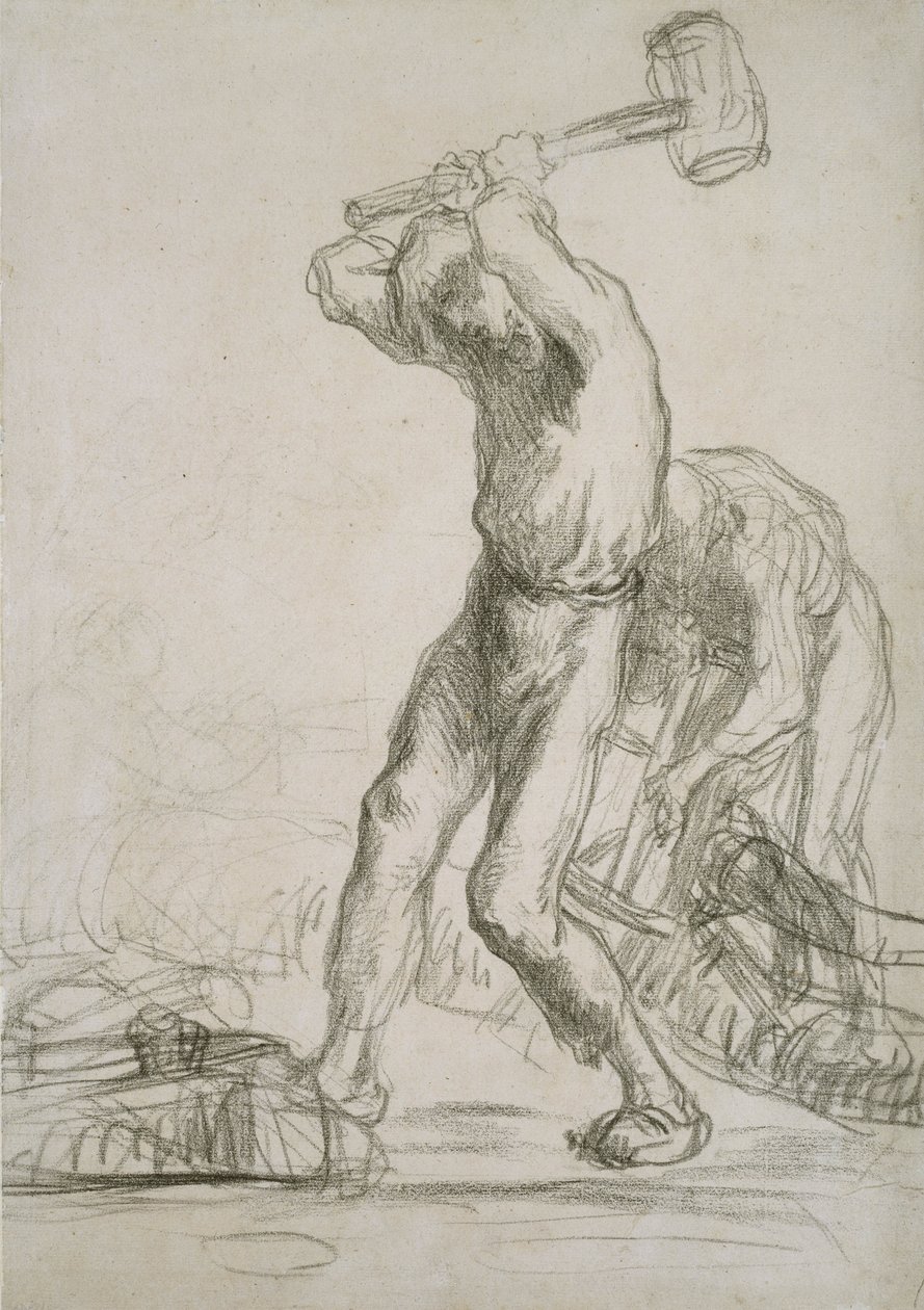 Dwóch Chłopów piłuje i rozłupuje Drewno (czarna kreda na papierze) autorstwa Jean Francois Millet