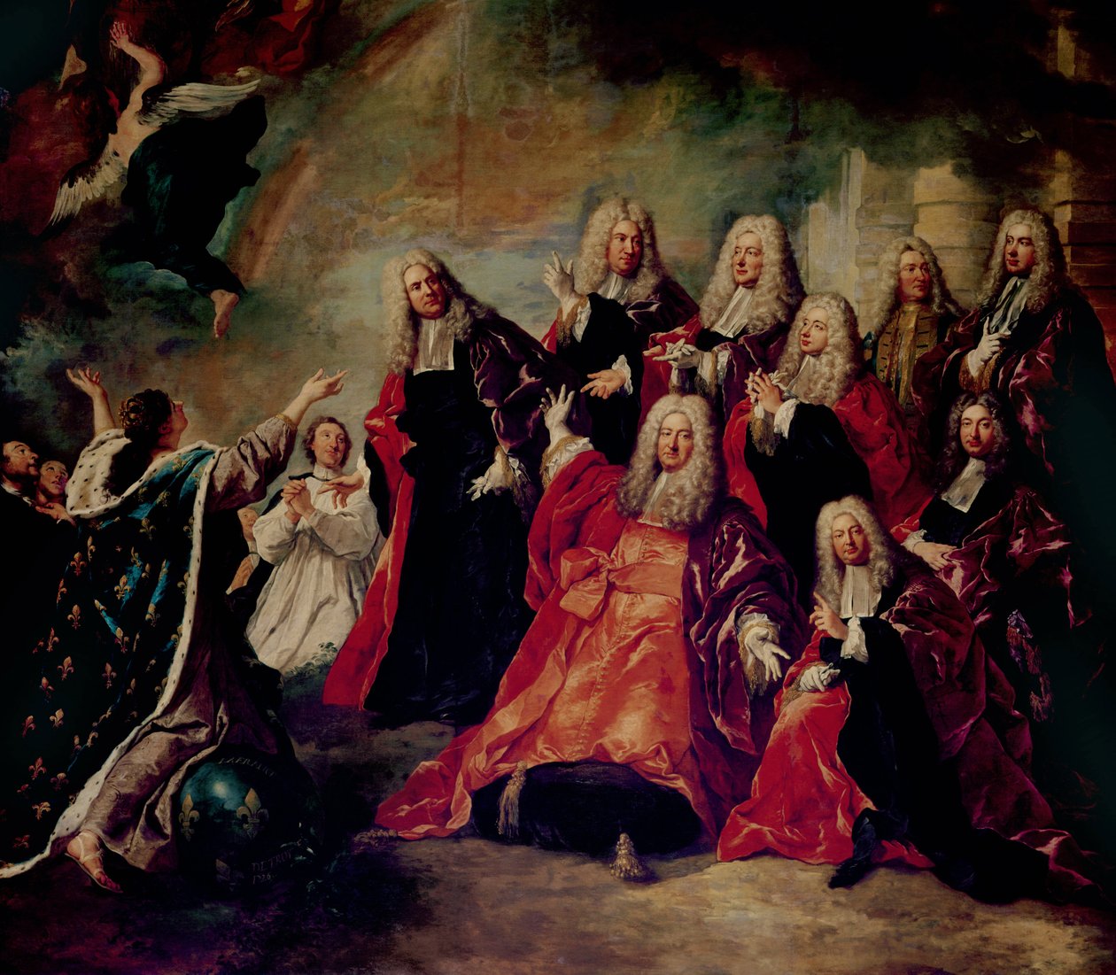 Byłe głosowanie. Corps de Ville domaga się powrotu dobrej pogody, fragment Corps de Ville, 1726 autorstwa Jean François de Troy