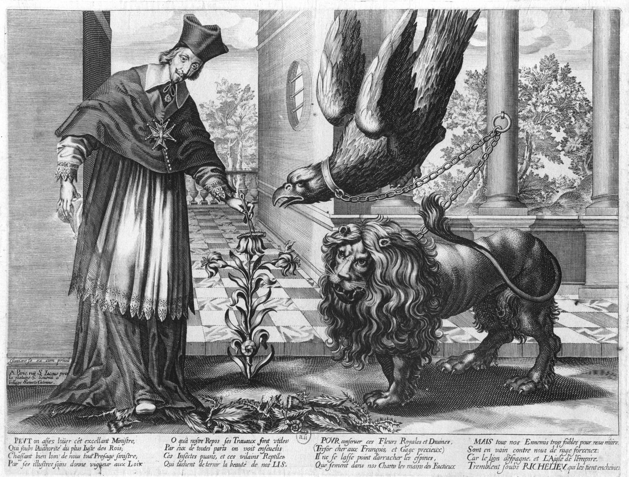 Alegoria na cześć kardynała Richelieu (1585-1642) walczącego z Austrią (orzeł), Hiszpanią (lew) i wrogami we Francji (gąsienice) 1628 autorstwa Jean Ganiere or Gagniere