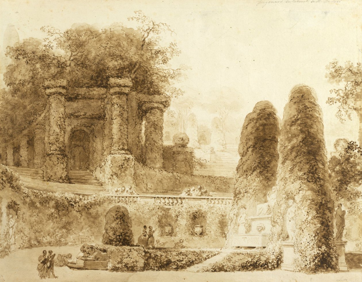 Park rzymski z fontanną, 1774 autorstwa Jean Honore Fragonard