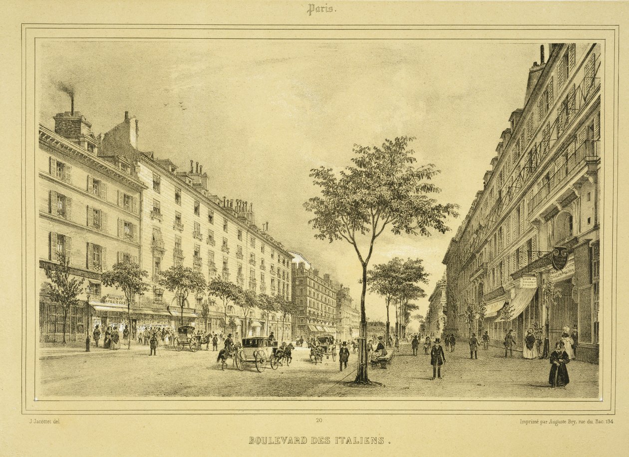 Boulevard des Italiens, z „Paryża i jego okolic”, opublikowany c.1850s-60s autorstwa Jean Jacottet