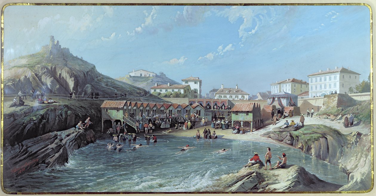 Początek pływania morskiego w starym porcie Biarritz, 1858 r. autorstwa Jean Jacques Alban de Lesgallery