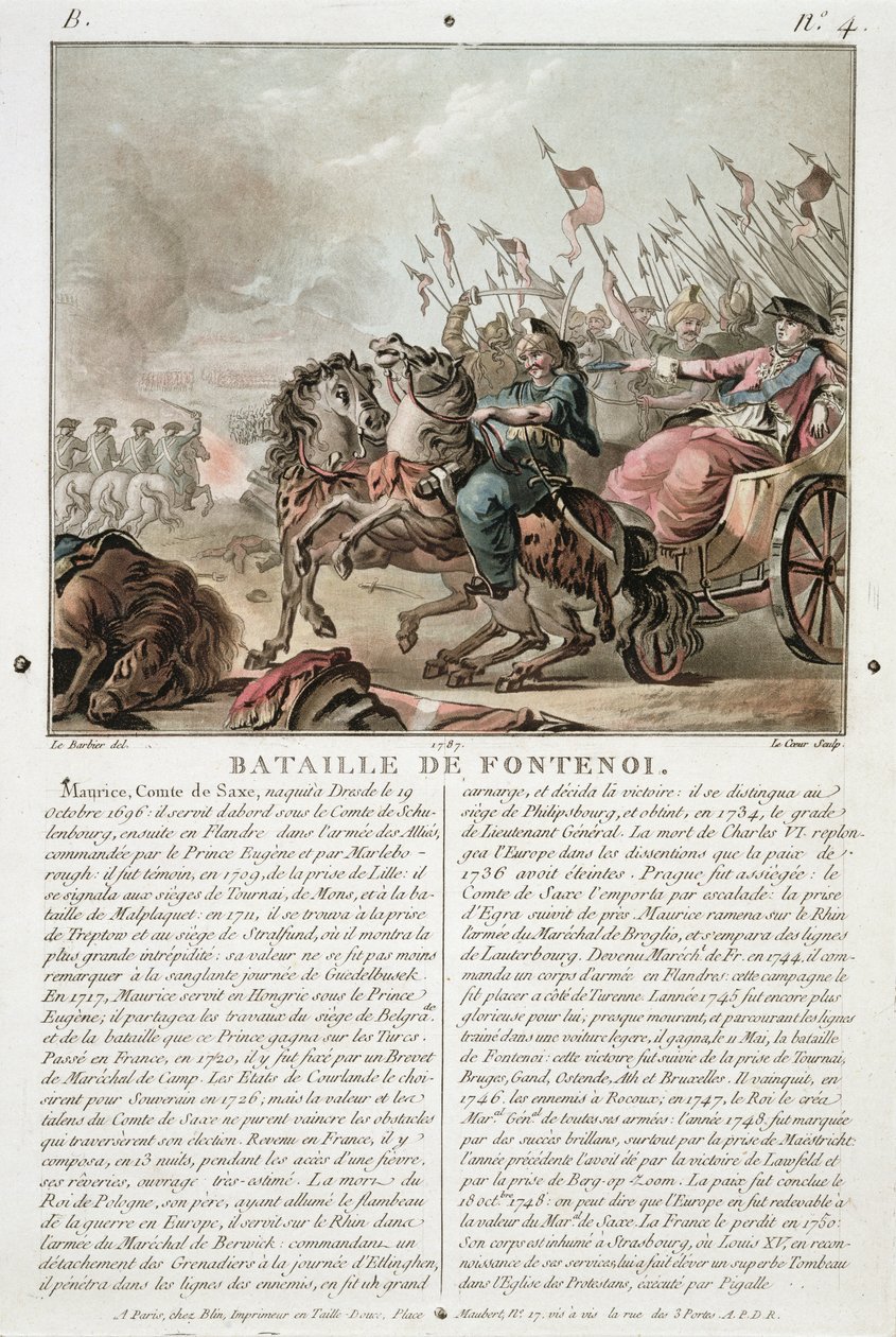 Bitwa pod Fontenoy, 1745, rycina Louis Le Coeur (fl.1780-1800), 1787 autorstwa Jean Jacques Francois Le Barbier