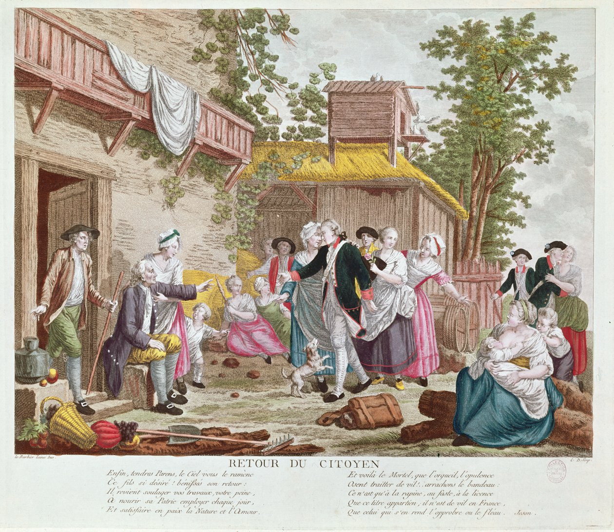Powrót obywatela, 1792 (rycina kolorowa) (zob. też 336991) autorstwa Jean Jacques Francois Le Barbier