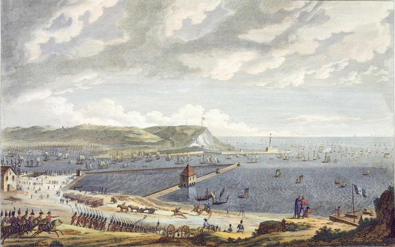Widok na port i redę Boulogne przy wylocie Flotylli, 16 sierpnia 1803, ryty przez Louisa Francois Couche (1782-1849) (akwatinta) autorstwa Jean Jerome Baugean