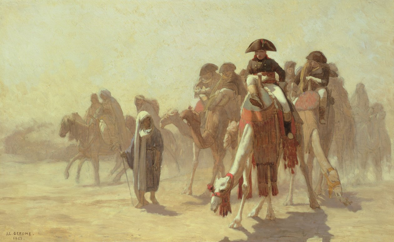 Generał Bonaparte ze swoim Sztabem Wojskowym w Egipcie, 1863 (ołówek i olej na płótnie) autorstwa Jean Leon Gerome