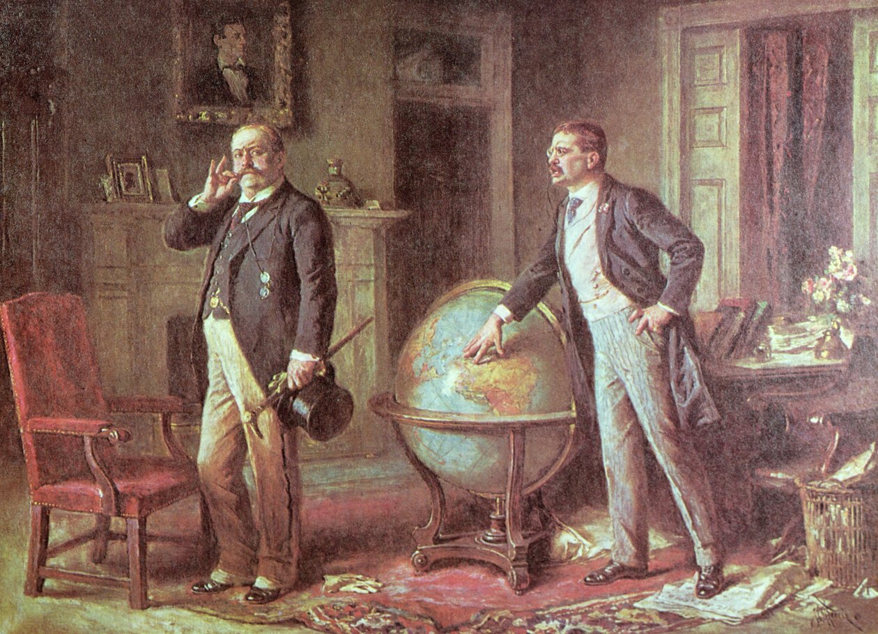 Prezydent Stanów Zjednoczonych Ameryki Theodore Roosevelt i niemiecki cesarz Wilhelm II w sporze o niemiecką blokadę Wenezueli, 1902 autorstwa Jean Leon Gerome Ferris