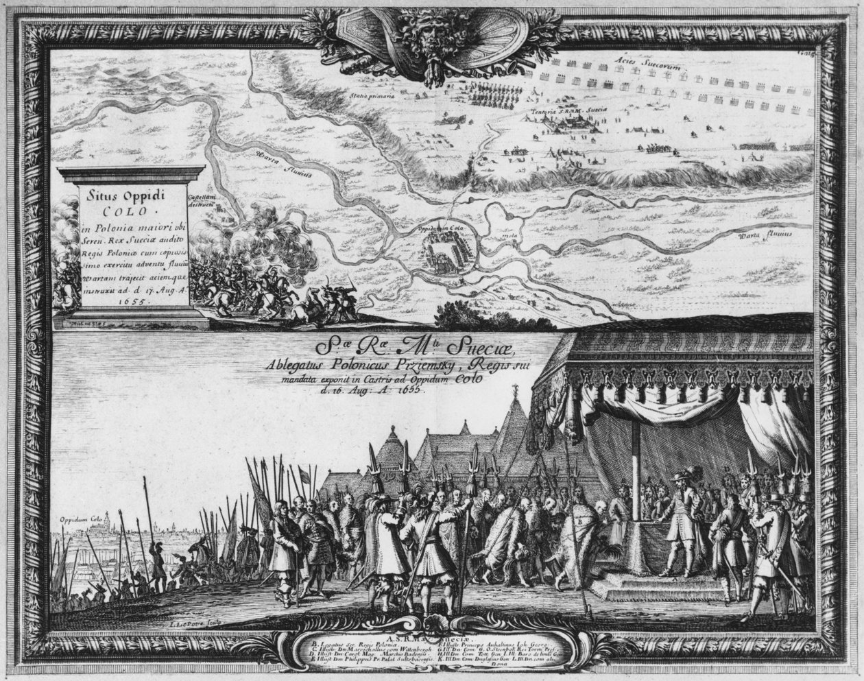 Klęska wojsk polskich pod Kolą, sierpień 1655, król Szwecji przyjmuje do kapitulacji ambasadora RP autorstwa Jean Lepautre