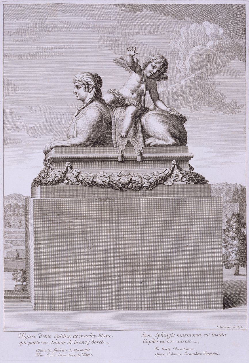 Figura sfinksa z białego marmuru, niosącego kupidyna z brązu, w Wersalu, 1676, z „Vues et Plans de Versailles”, opublikowanej ok. 1676-89 autorstwa Jean Lepautre