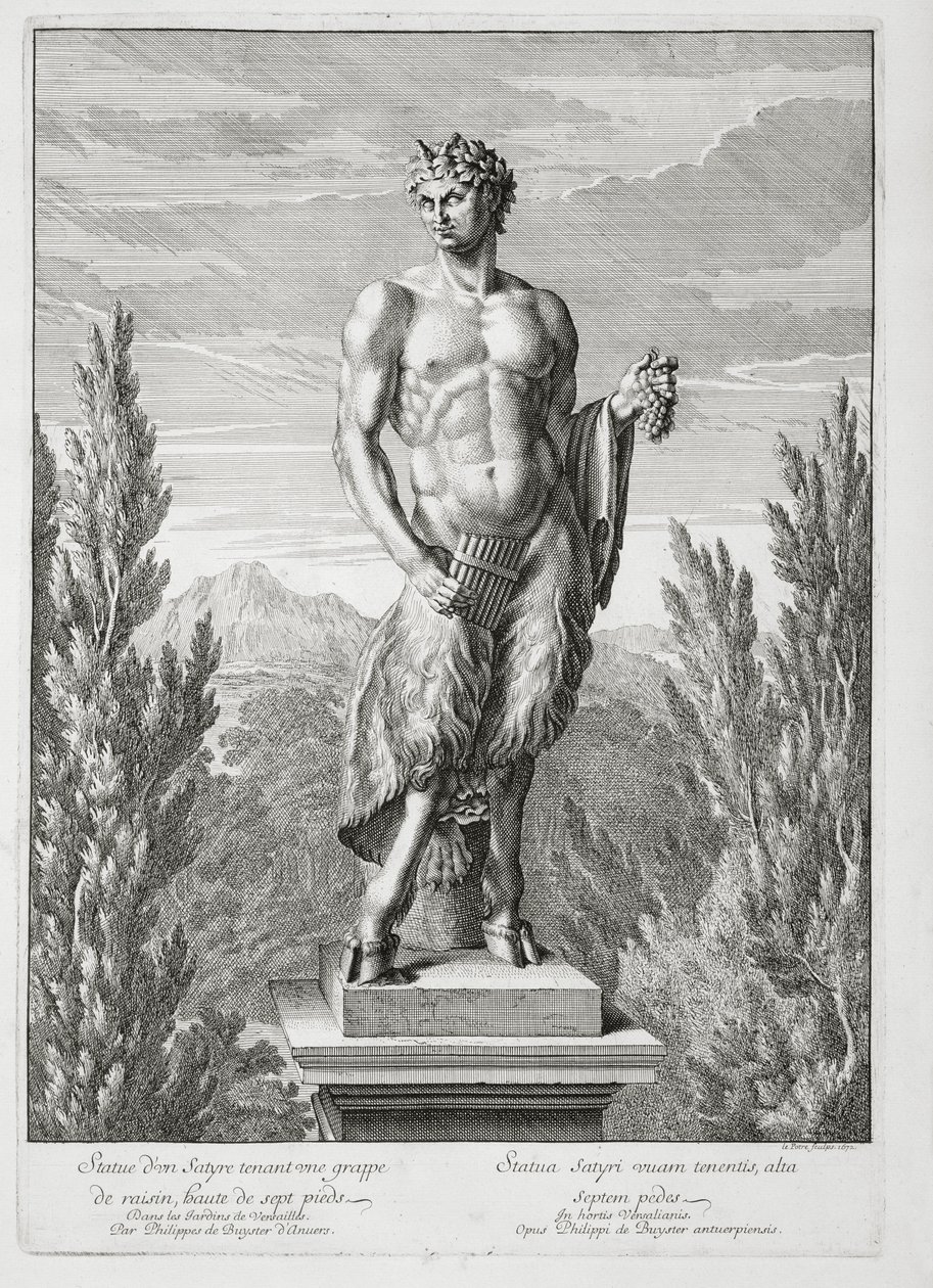 Posąg Satyra trzymającego kiść winogron, Wersal, 1672, z "Vues et Plans de Versailles", wyd. ok. 1672-89 autorstwa Jean Lepautre