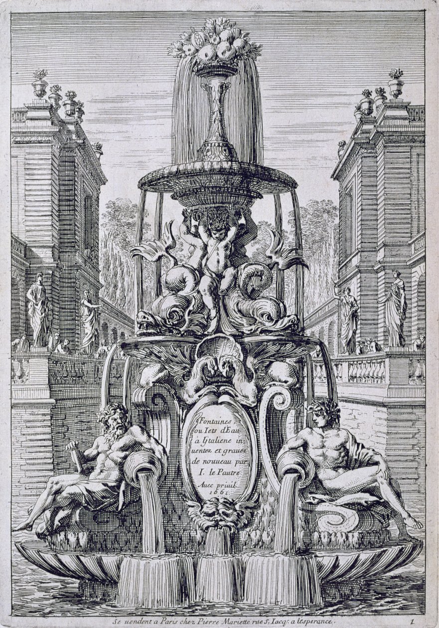 Strona tytułowa z „Fontanna i strumienie wodne we włoskim stylu”, opublikowana w 1661 r. autorstwa Jean Lepautre