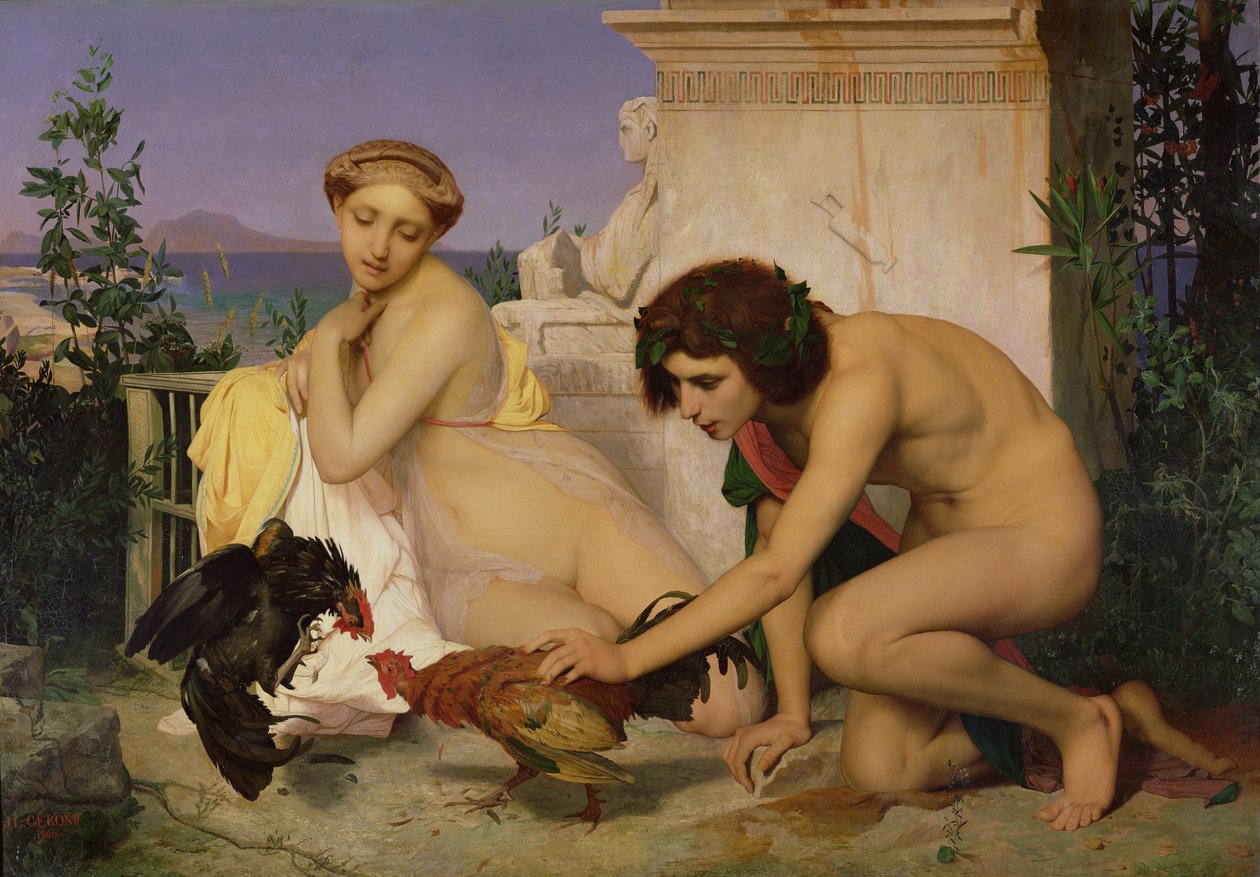 Młodzi Grecy zachęcający koguty do walki, 1846 r. autorstwa Jean Leon Gerome