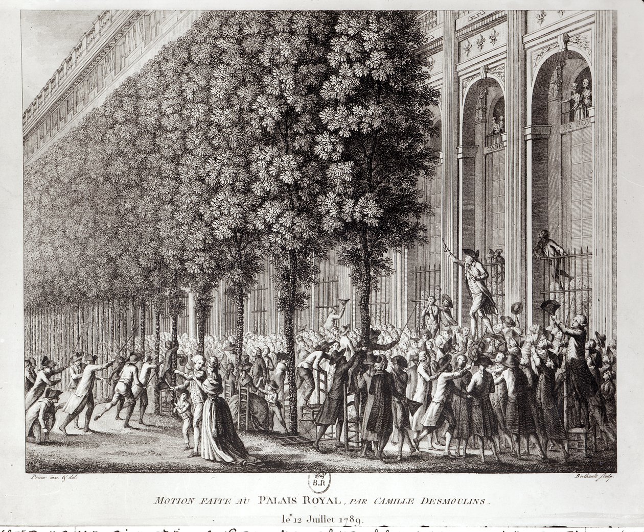 Camille Desmoulins (1760-94) przemawiający w Palais Royal, 12 lipca 1789, ryty przez Pierre