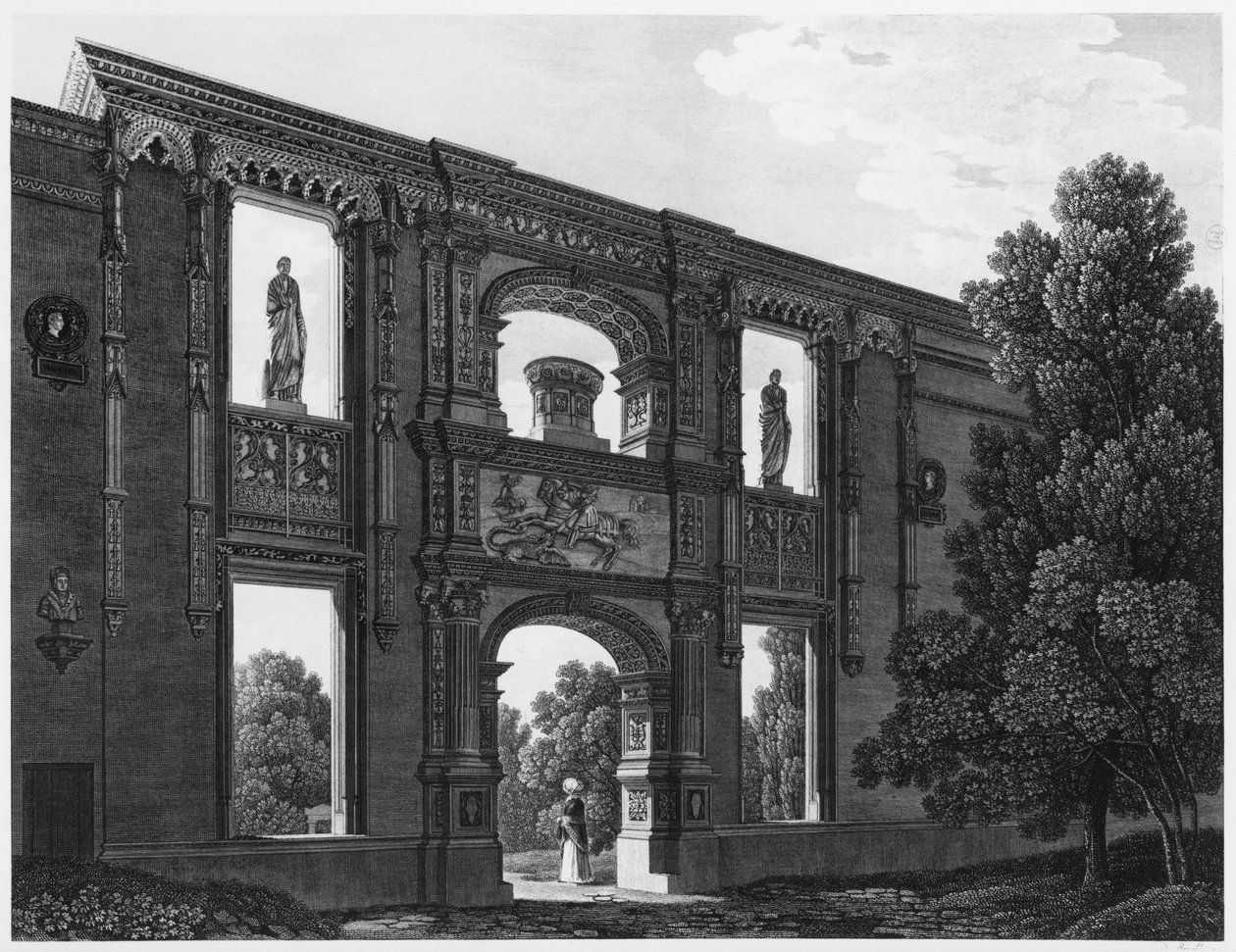 Łuk Gaillona, ​​Musee des Monuments Francais, Paryż, ilustracja z „Malowniczych widoków i perspektyw pokojów Musee des Monuments Francais i głównych dzieł...”, grawerowana przez Jeana B autorstwa Jean Lubin Vauzelle