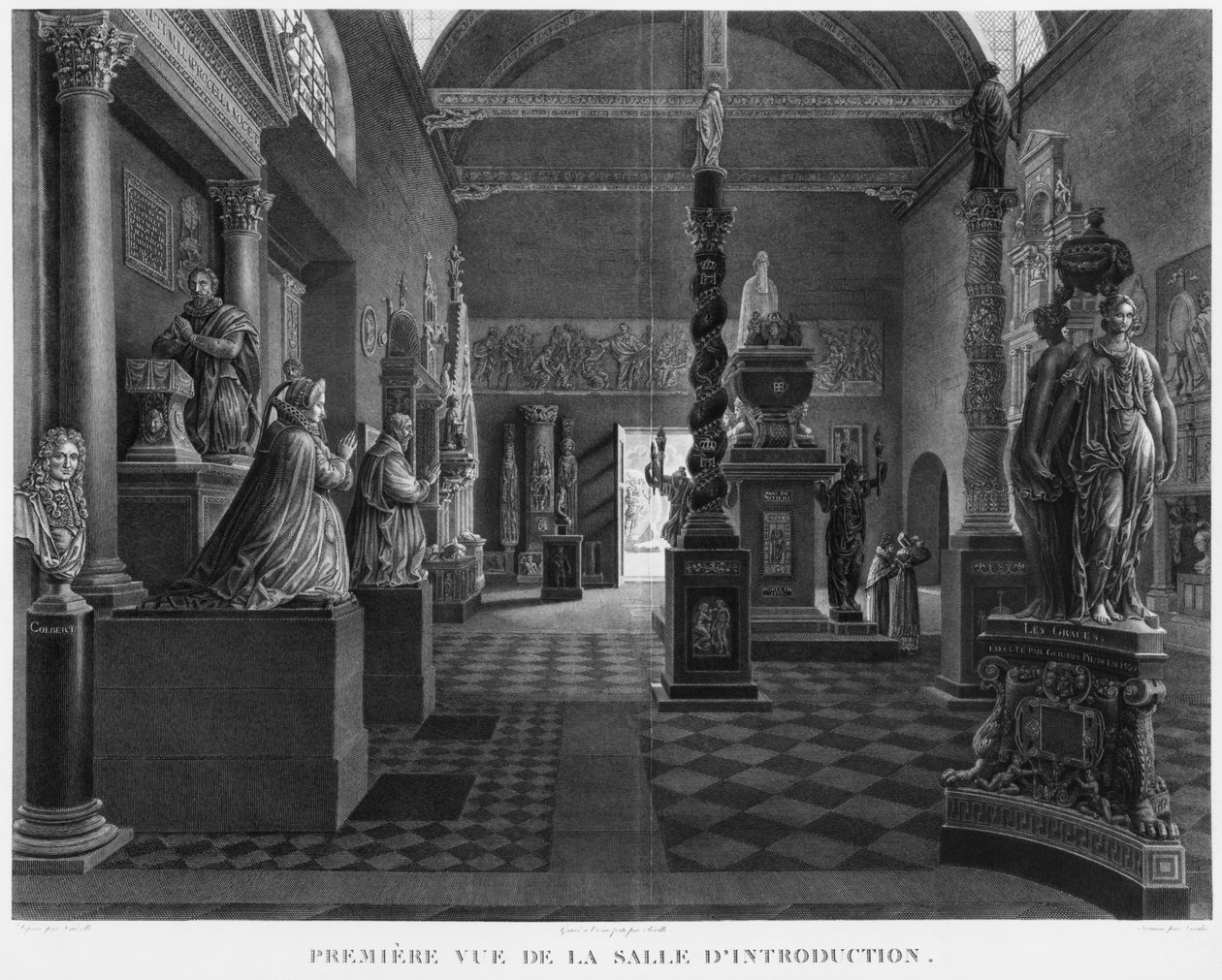 Pierwszy widok sali wprowadzającej, Musee des Monuments Francais, Paryż, ilustracja z „Malowniczych widoków i perspektyw sal Musee des Monuments Francais i głównych dzieł...” autorstwa Jean Lubin Vauzelle