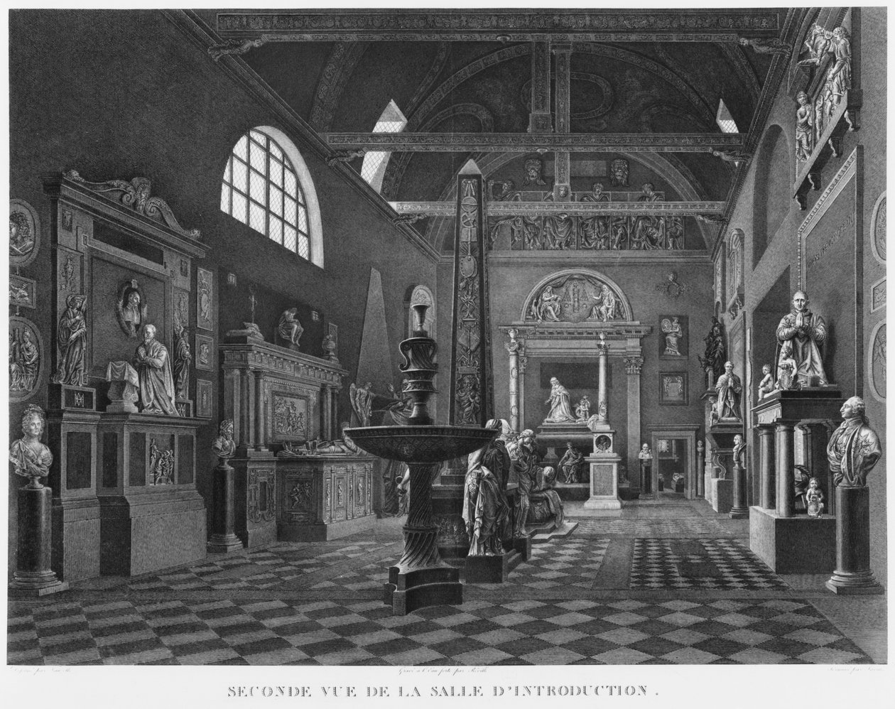 Drugi widok sali wprowadzającej, Musee des Monuments Francais, Paryż, ilustracja z „Malowniczych widoków i perspektyw sal Musee des Monuments Francais i głównych dzieł ... autorstwa Jean Lubin Vauzelle