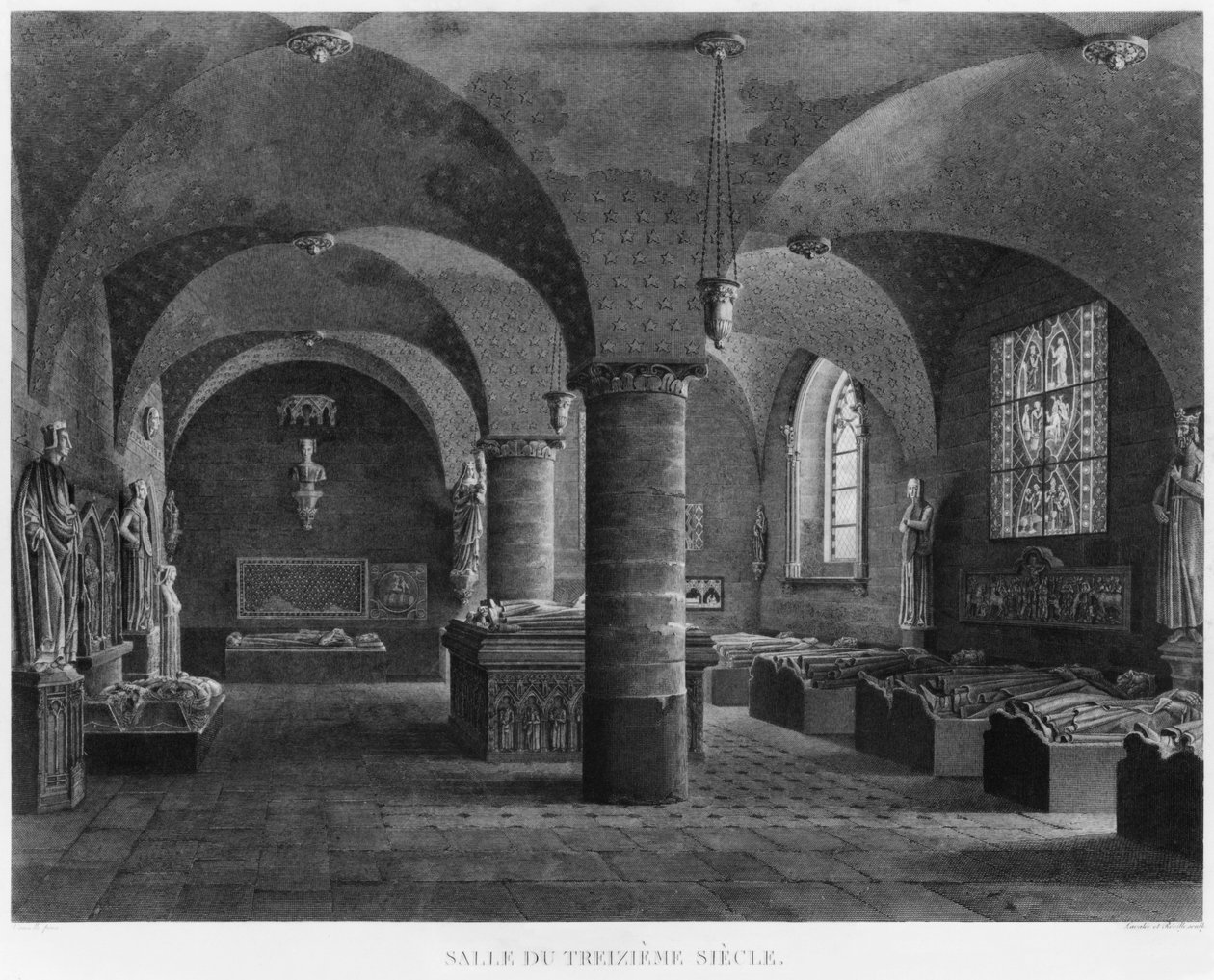 XIII-wieczna sala, Musee des Monuments Francais, Paryż, ilustracja z „Malowniczych widoków i perspektyw pokojów Musee des Monuments Francais i głównych dzieł…”, grawerowana przez autorstwa Jean Lubin Vauzelle