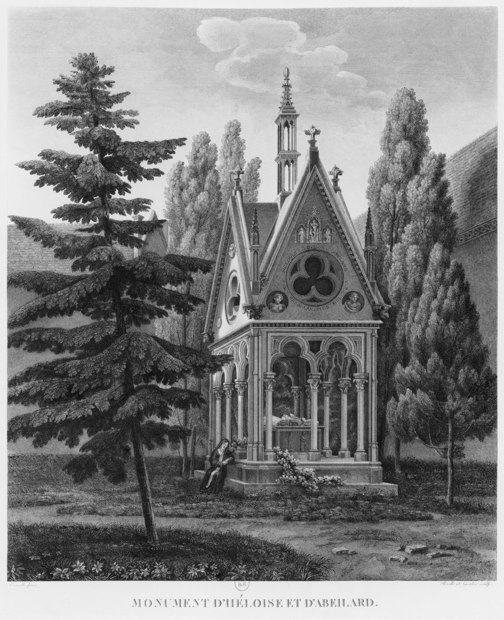 Grobowiec Heloise i Abelard, Musee des Monuments Francais, ilustracja z „Malownicze widoki i perspektywy pomieszczeń Musee des Monuments Francais i głównych dzieł…”, grawerowane przez J. autorstwa Jean Lubin Vauzelle