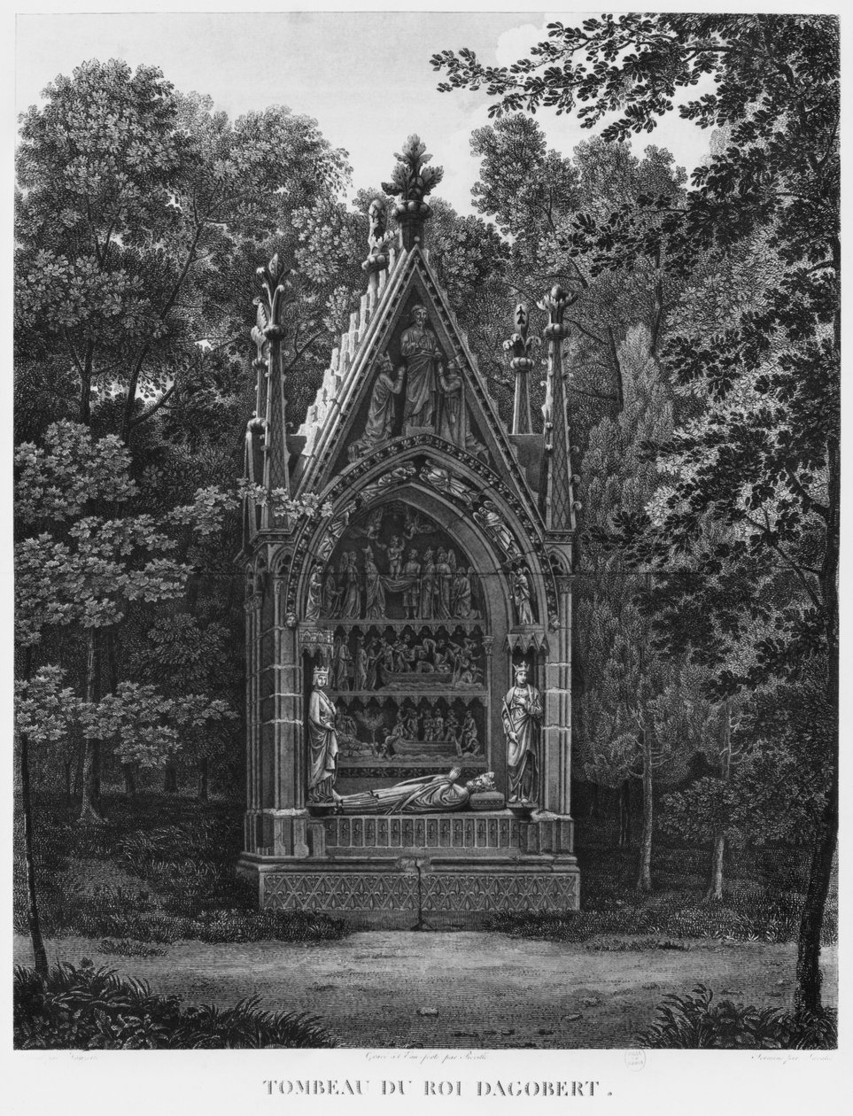 Grobowiec króla Dagoberta, Musee des Monuments Francais, Paryż, ilustracja z "Vues pittoresques et perspectives des salles du Musee des Monuments Francais et des principaux ouvrages...", wyryte przez autorstwa Jean Lubin Vauzelle