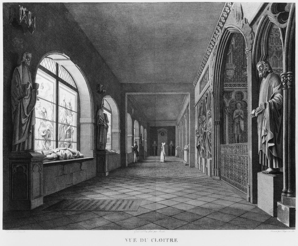 Widok na krużganek, Musee des Monuments Francais, Paryż, ilustracja z „Malownicze widoki i perspektywy pomieszczeń Musee des Monuments Francais i głównych dzieł...”, grawerowane przez J. autorstwa Jean Lubin Vauzelle