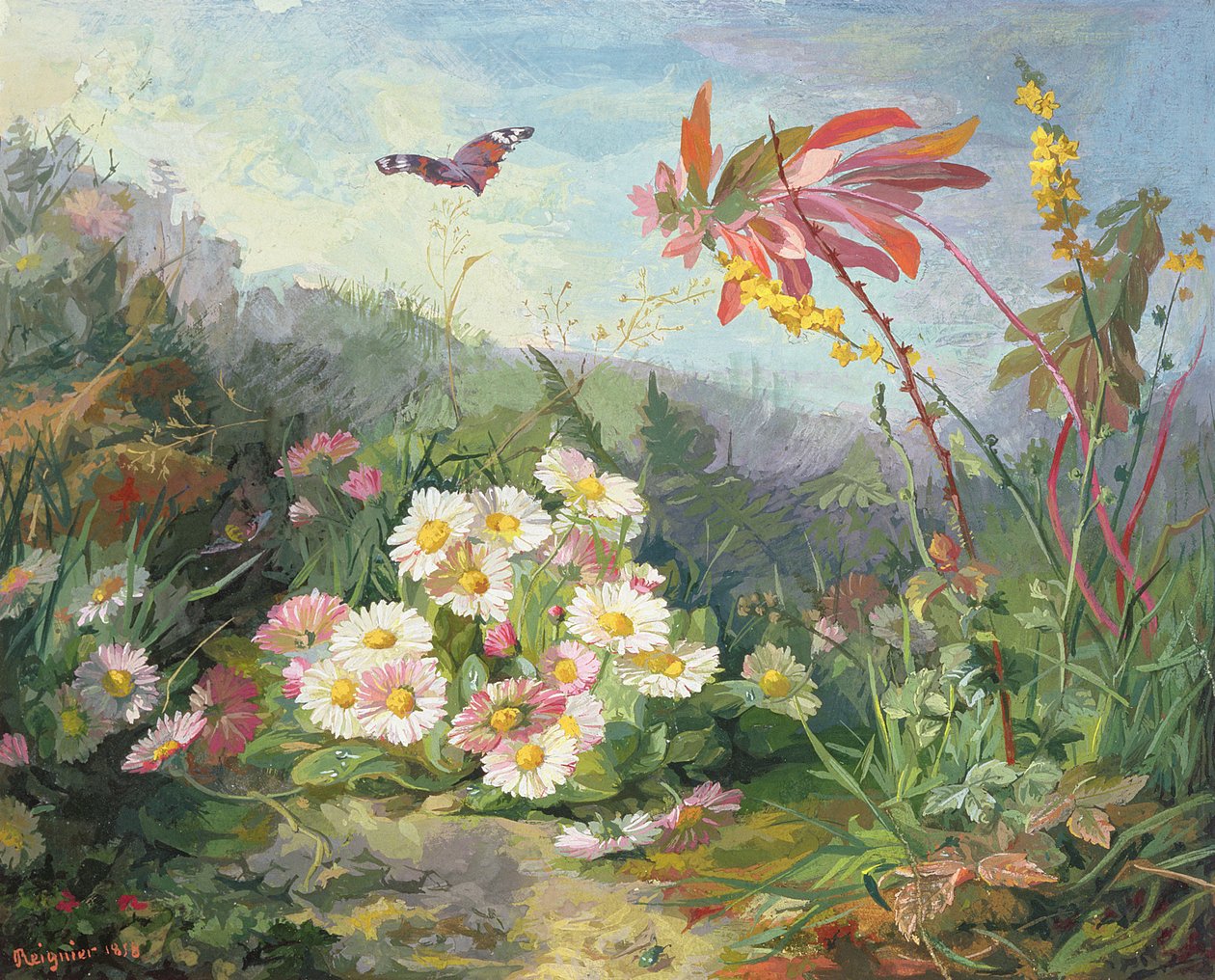 Dzikie kwiaty i motyl, 1858 (wc i gwasz na tekturze) autorstwa Jean Marie Reignier