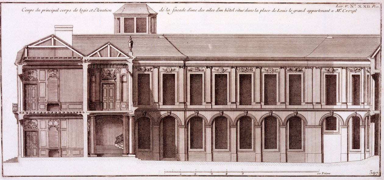 Fasada części domu Monsieur Crozata, Place Louis le Grand, Paryż, z „Architecture Francoise” Jacques-Francois Blondel, 1727 autorstwa Jean Mariette