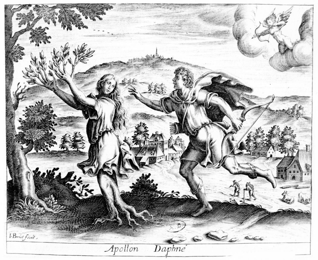 Daphne, uciekając przed zakochanym Apollem, zamienia się w drzewo laurowe, 1619 autorstwa Jean Matheus
