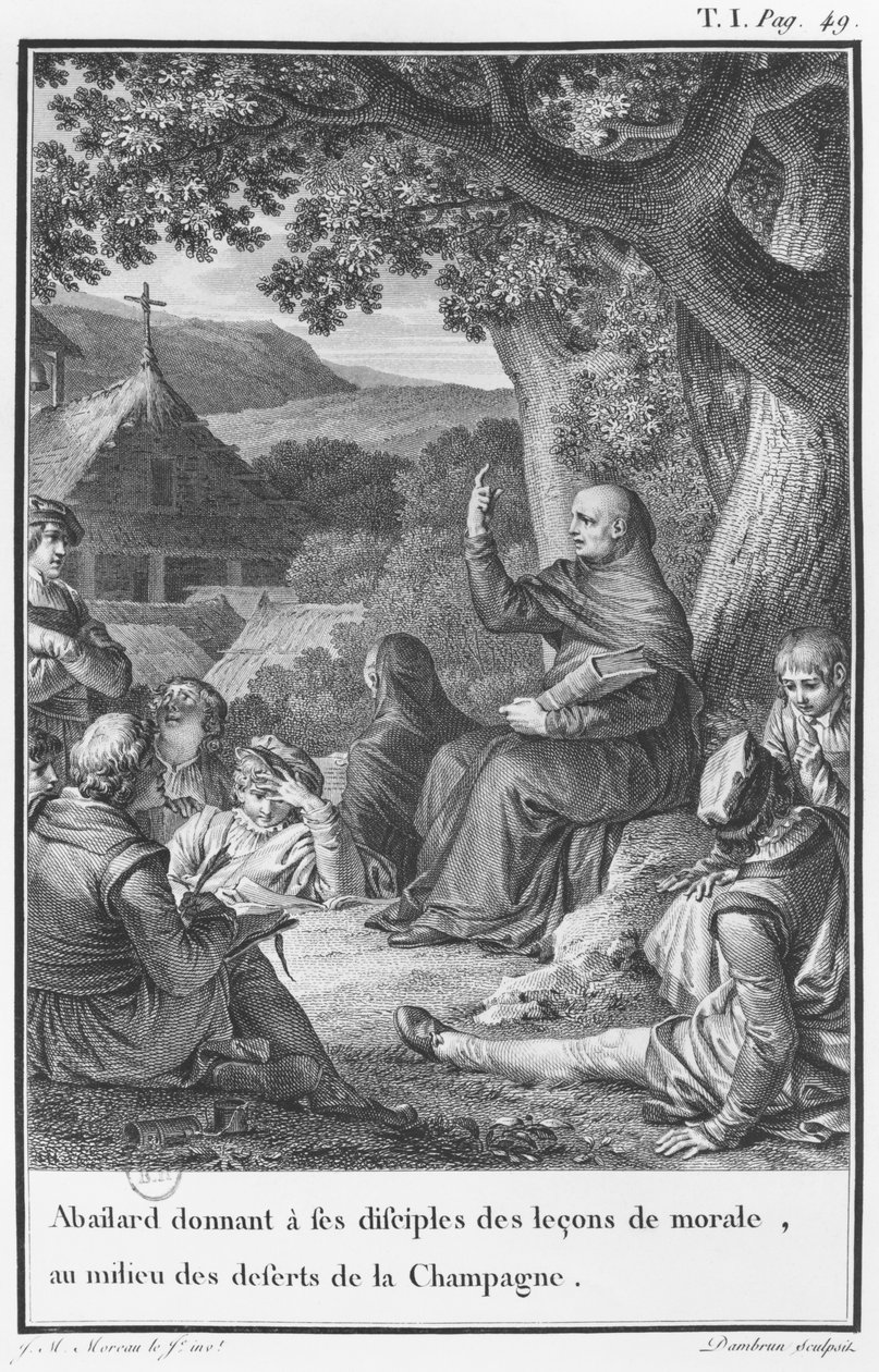 Abelard wygłasza wykład wśród uczniów w opustoszałej Szampanii, ilustracja z „Lettres d