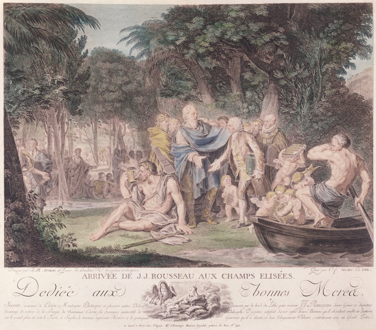 Przybycie Jean-Jacques Rousseau (1712-78) na Polach Elizejskich, 1782 (kolorowe grawerowanie) autorstwa Jean Michel the Younger Moreau