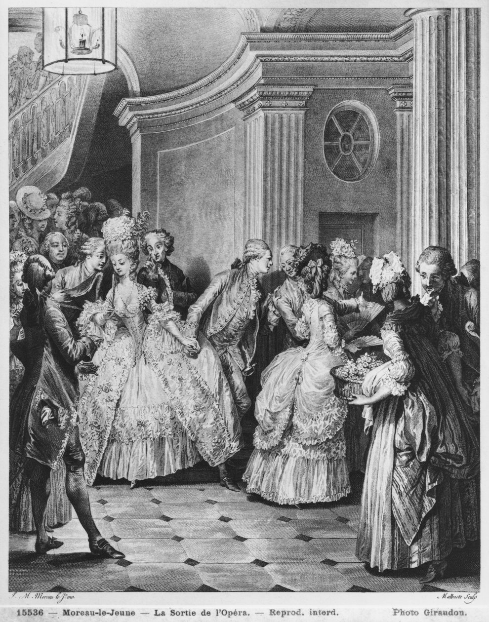 Wyjście z opery, rytowane przez Georgesa Malbeste lub Malbete (1743-1809) autorstwa Jean Michel the Younger Moreau