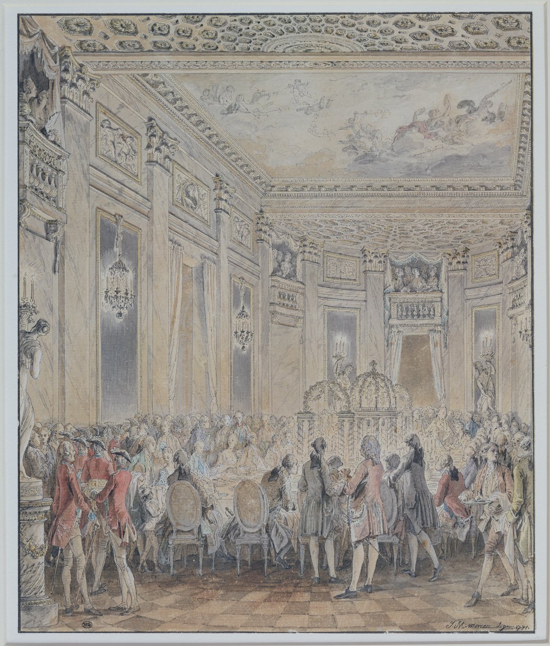Uroczystość wydana przez Madame du Barry (1743-93) dla Ludwika XV 2 września 1771 r. podczas inauguracji pawilonu w Louveciennes, 1771 r. (pióro i atrament i toaleta na papierze) autorstwa Jean Michel the Younger Moreau