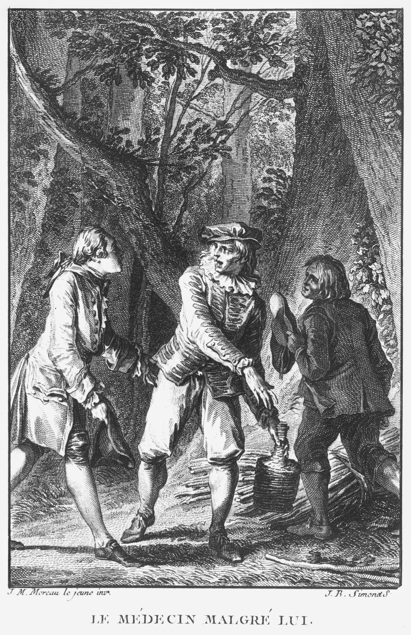 Ilustracja z „Doktor na przekór sobie” (1666) autorstwa Jean-Baptiste Poquelin zwanego Moliere (1622-1673) rytowana przez Jeana Baptiste Simoneta (1742-1813) autorstwa Jean Michel the Younger Moreau