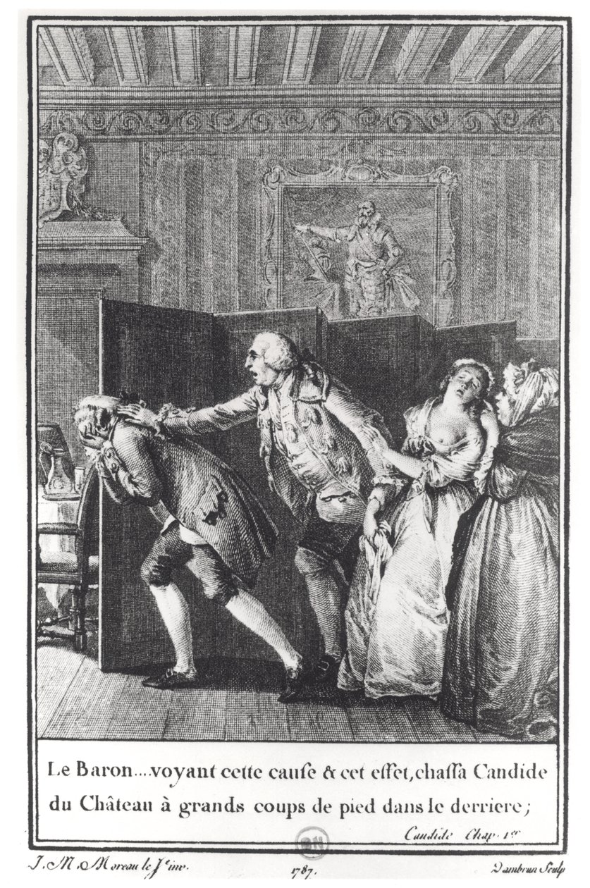 „Le Baron ... gonił Kandyda z zamku wielkimi kopniakami w pośladki”, ilustracja z rozdziału 1 „Kandyda” Francois Voltaire (1694-1778) rytowana przez Jeana Dambruna (1741-s.1808) 1787 (e autorstwa Jean Michel the Younger Moreau