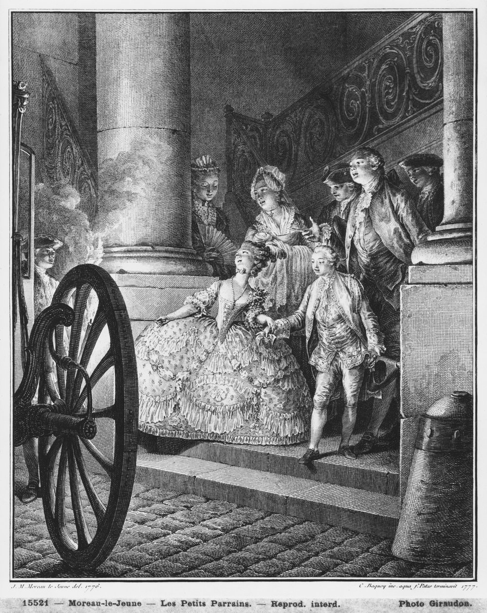 Mali ojcowie chrzestni, 1776, ryty w 1777 przez Pierre Charles Baquoy (1759-1829) i Charles Emmanuel Patas (1744-1802) autorstwa Jean Michel the Younger Moreau