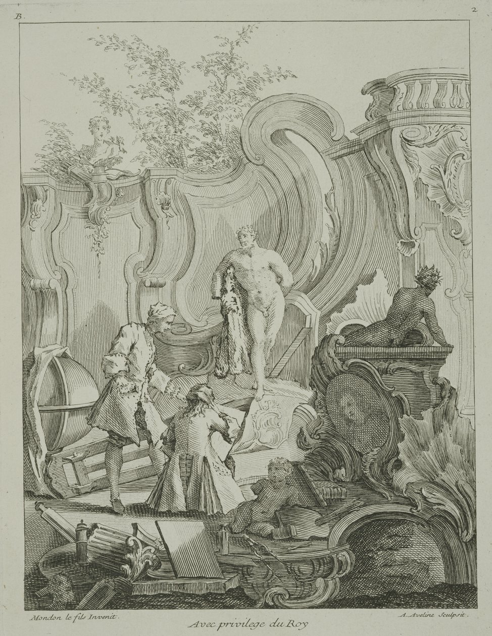 Rzemieślnicy pracujący nad projektami z „Rococo Ornament”, rytego przez Antoine Aveline (1691-1743), wydana 1736-49 autorstwa Jean Mondon