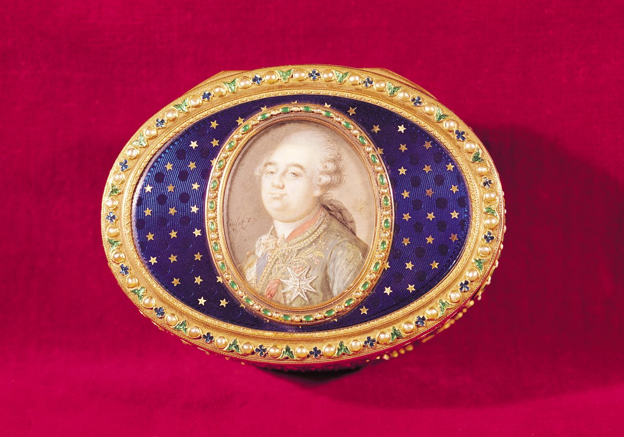 Tabakiera z miniaturą portretową Ludwika XVI (1754-93) na kości słoniowej autorstwa Pierre Noel Violet (1749-1819) 1780 (złoto, emalia, perły i szmaragdy) autorstwa Jean Nicolas Meuniere